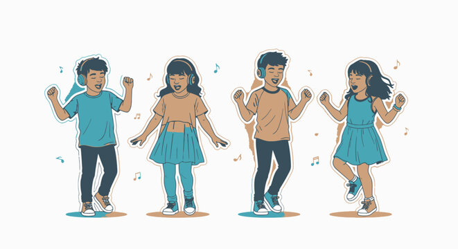 Four cartoon people dancing together.