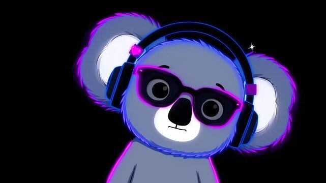 Animated Cute Koala Wearing Neon Headphones and Sunglasses