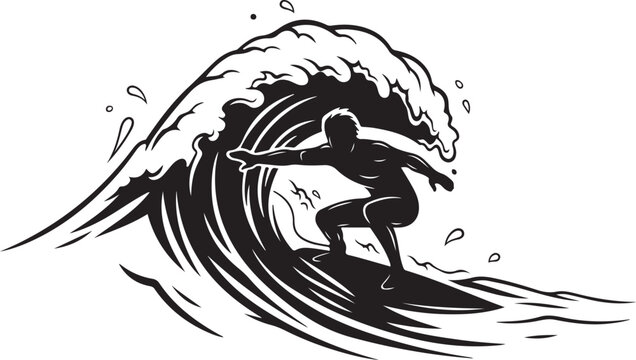 Black silhouette surfer riding large wave on surfboard