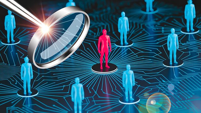 Target audience concept with magnifying glass highlighting individual in digital social network