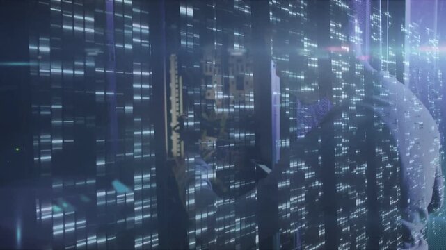 Male technician walking server room aisle as scrolling lights reveal silhouette, inspecting panels