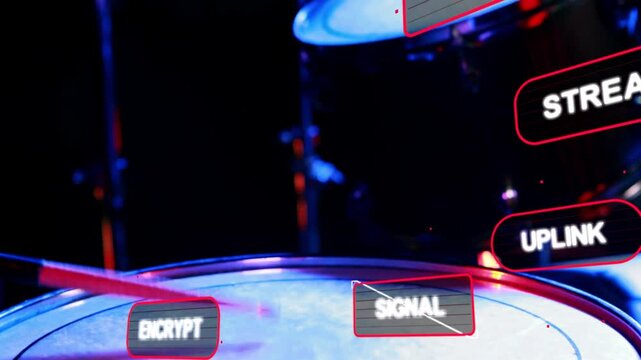 Stick striking snare head activating red tags, camera panning and cymbal moving for music promo