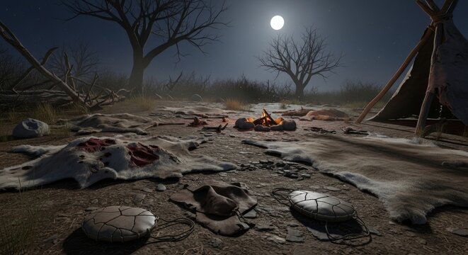 Campfire on a Desolate Night Under the Moon