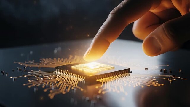 Finger Touching Glowing Microchip Futuristic Technology Concept.