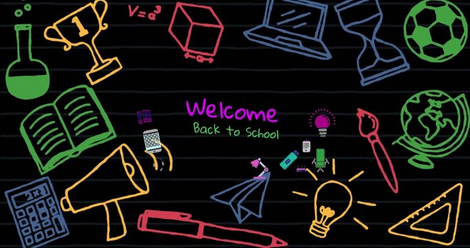 Displaying Welcome Back to School text on blackboard, doodles circling with book and laptop