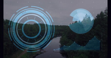 Obraz premium Hovering blue HUD reticle left-center overlaying river valley, showing stream, charts and grid