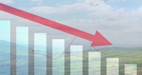 Fototapeta premium Displaying chart overlay on rolling hills, showing faint bars, red arrow and magenta trend line