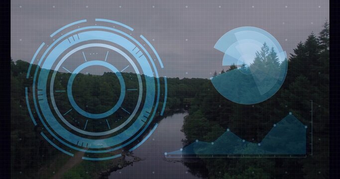 Hovering blue HUD reticle left-center overlaying river valley, showing stream, charts and grid