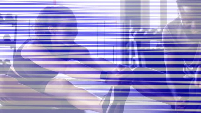 Woman warming up holding foot, man mirroring stretch in gym as RGB lines fading, smartwatch visible