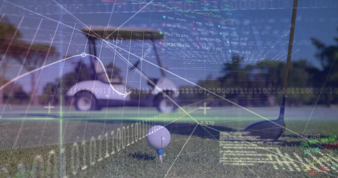 Balancing white golf ball on blue tee at tee area, with driver head and data overlays