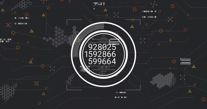 Showing central circular HUD with readouts 928025 1592866 599664 on dark grid, hexes, warnings