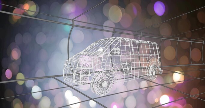 Displaying wireframe cargo van model rotating inside perspective grid, showing wheel hubs and bokeh