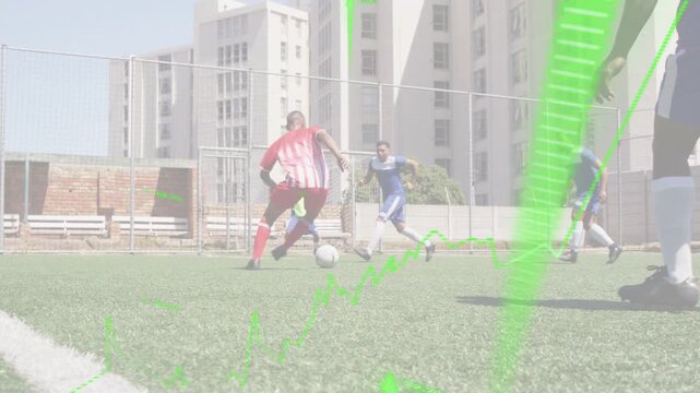 Red player dribbling futsal ball seeking gap defenders pressing faking while green overlay tracking