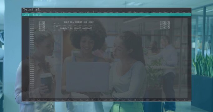 Huddling team in casual clothes in office, viewing terminal overlay on laptop, holding coffee cup