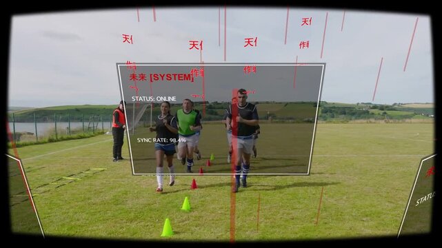 Players starting jogging, clustering by coach, turning back through cones under AR HUD for training