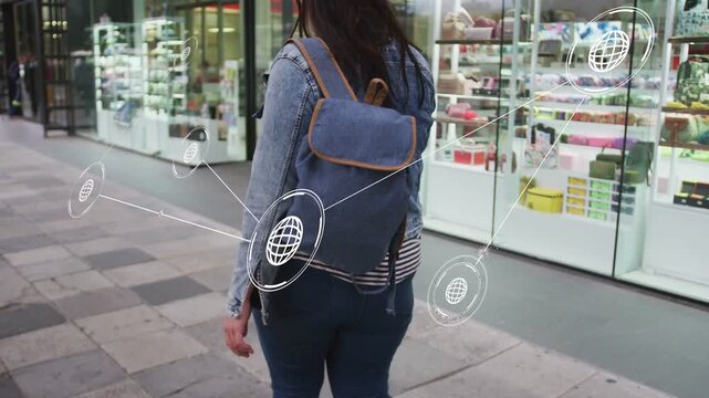 Woman walking tech path nodes emerging from hand phone making overlay aligning around pack tracking