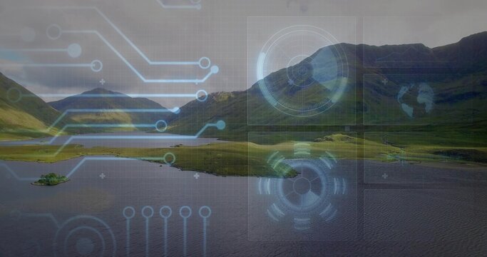 Showing central freshwater lake, grassy peninsula and islet in highland loch, circuit HUD overlay