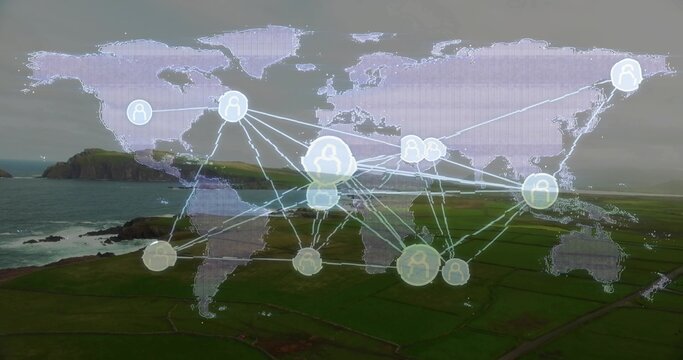 Displaying faint world map overlay with glowing user icons and connecting lines over coastal fields