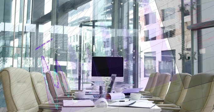 Showing long white table centered, featuring monitor, laptop, rolled blueprint in glass office