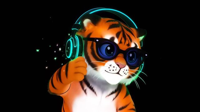 Cute Animated Tiger DJ Wearing Neon Headphones and Sunglasses