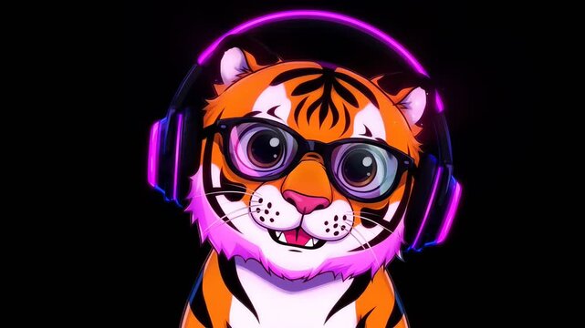 Cool Cartoon Tiger with Neon Headphones and Glasses