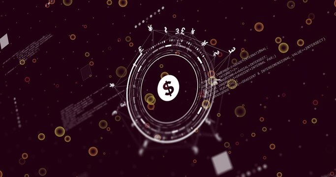 Rendering central circular HUD cycling data on burgundy dashboard, with coin and symbol markers