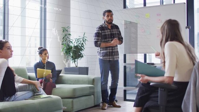 Male presenter starting with gesture, leading office meeting, pointing at whiteboard, aligning team