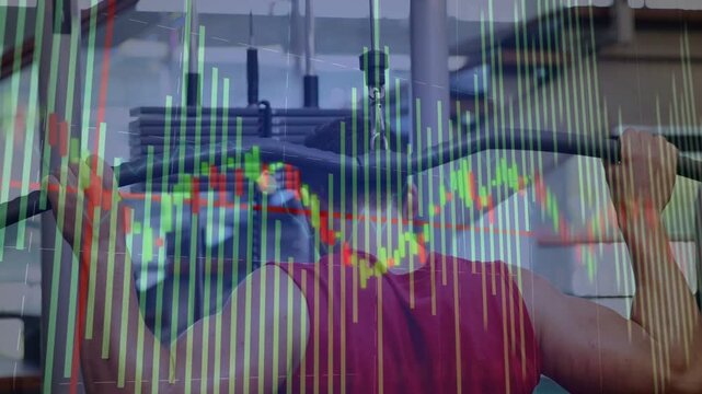 Vertical video: Gripping lat bar, man in red tank pulling down at gym, training back, chart overlay