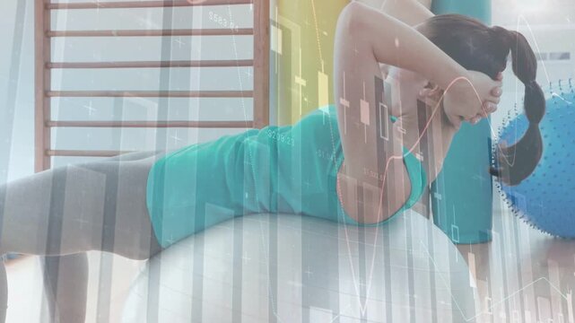 Woman prone on fitness ball hands clasped doing crunches for core tone with waveform overlay moving