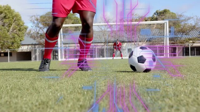 Soccer shooter tapping ball and feinting while preparing shot, digital overlay sweeping over ball