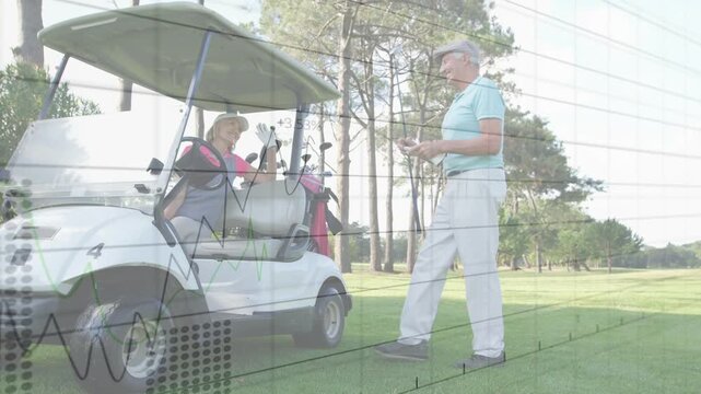 Senior man walking, waving woman sitting golf cart, handing clubs for play, charts overlaying frame