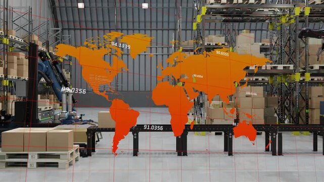 Orange map overlay appearing with numbers over logistics, view panning, robotic arms sorting boxes