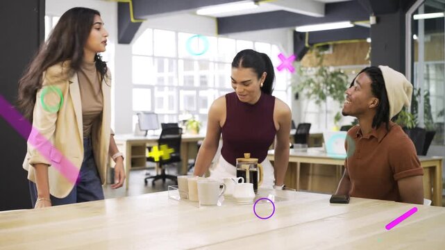 Team bringing tray arranging coffee for break in office, phone visible, graphics accenting gestures