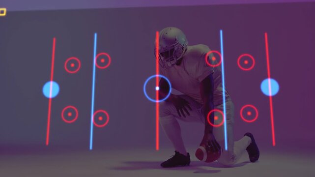 Football player kneeling placing ball activating sports HUD neon columns route nodes route analysis