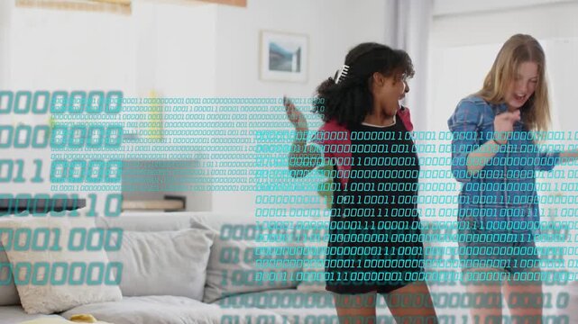 Two teen girls dancing in living room glance sparking matching moves social binary overlay for fun