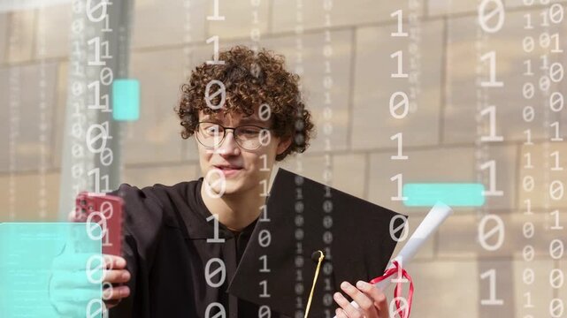 Male grad posing with red phone for selfie, using edtech and growing turquoise overlay obscuring