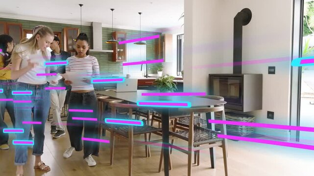 5 adults entering kitchen checking docs for home tour as magenta cyan streaks sweeping over group