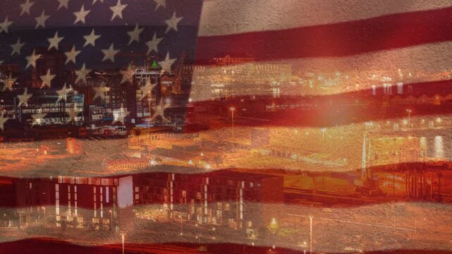 Soft dissolve starting flag overlay shifting, stripes drifting, dock lights glowing, evoking pride