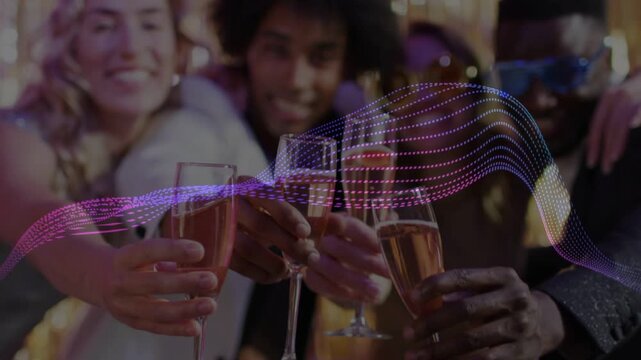 Group of four friends leaning into cam, toasting and animating waveform overlay for events