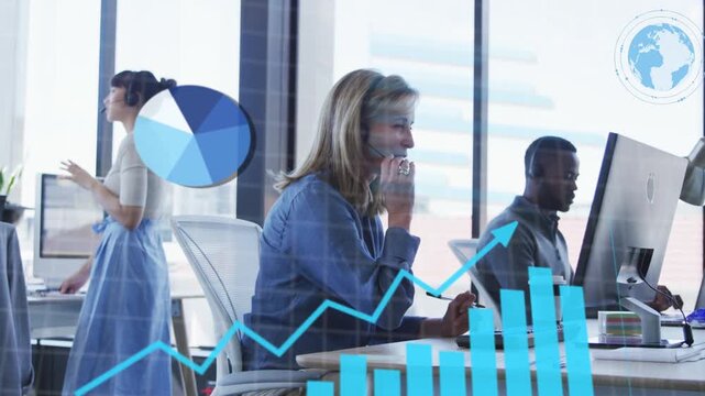 Blue overlay appearing, headset rep reacting and typing, charts rising, guiding business decisions