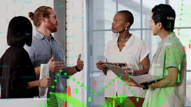Business team debating, man-bun starting explanation, tablet laptop showing charts overlaying group
