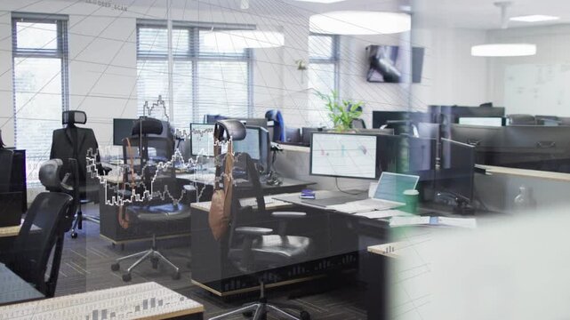 Line area chart appearing over desks, growing rightward while glare fading, showing data trends