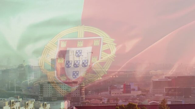 Translucent Portugal flag appearing then gently waving while crest shifting, revealing hazy skyline