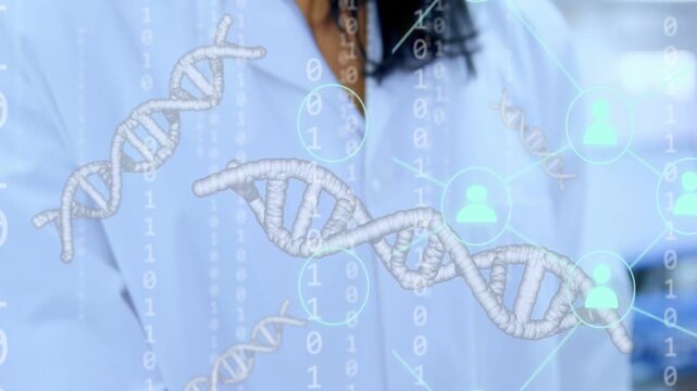 Gloved hand reaching, causing DNA helix, binary, pulling back to reveal scientist showing genomics