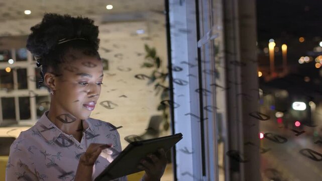 Woman tapping tablet and analyzing data for tech, code reflections moving across glass and face