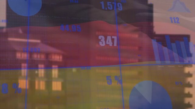 Grid appearing first, dashboard animating over rooftop flag updating charts and visualizing metrics