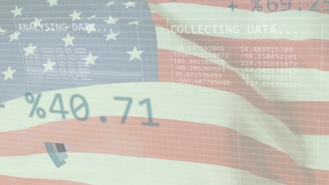 Waving US flag, triangle expanding into rotating pie, panels showing, numbers shifting for analysis