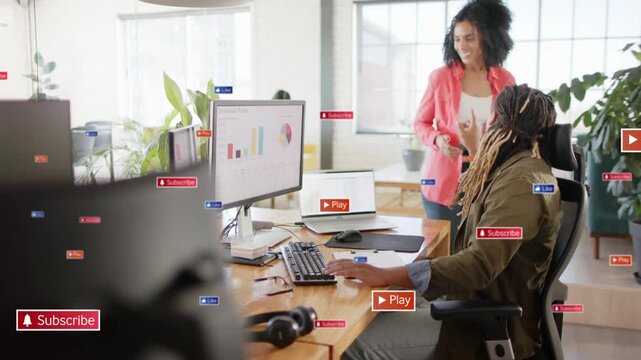 Man using mouse, woman approaching with tablet, both analyzing marketing charts, floating UI rising