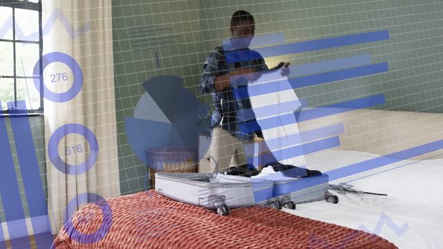 Man picking up shirt inspecting folding packing into suitcase for travel blue charts overlaying