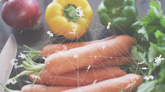 Currency overlay appearing over carrots and herbs, gathering, camera drifting right, showing value